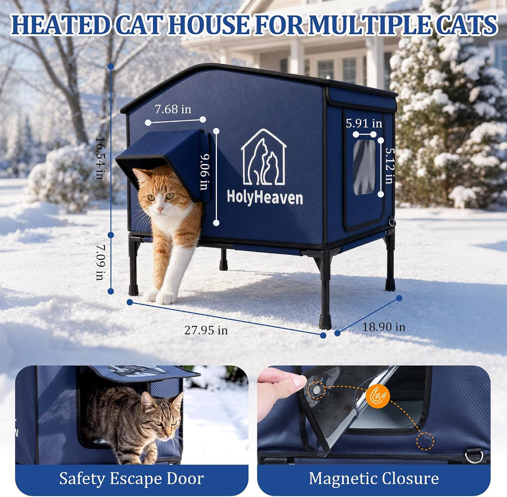 Extra Large PU Leather Heated Cat House for Outside, Waterproof Cat Houses for Outdoor Cats with Heating Pad & Escape