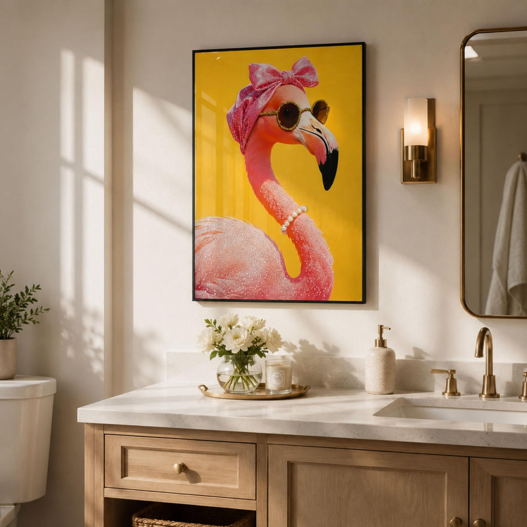 Framed Flamingo Wall Art, 3D Raised Crystal Accent Portrait, 19.7 x 27.6 in