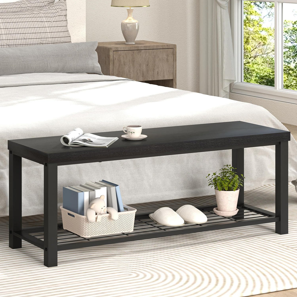 Entryway Bench, Modern Wood and Metal Storage Bench Front Door Entrance, Industrial Indoor Shoe Rack Bench Seat