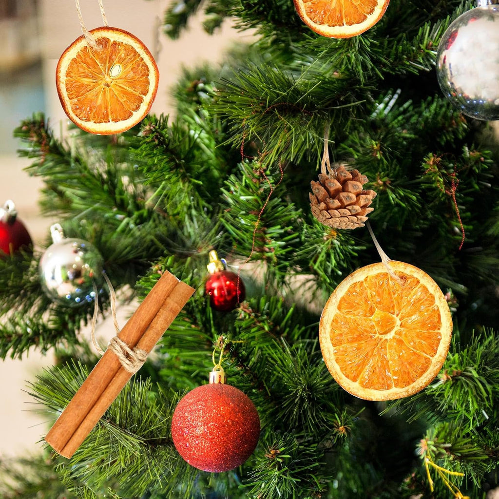 Christmas Ornaments Set, Jute Tied Dried Orange Cinnamon Pinecone - Set of 31