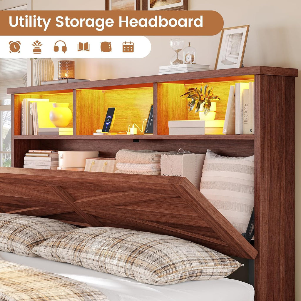 Queen Bed Frame with 6 Drawers, Farmhouse Bed Frame with Barn Door Headboard and Storage, Wood Platform Bed Frame