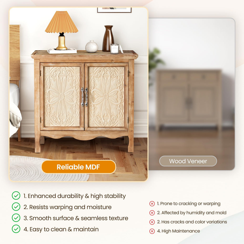 Sideboard Buffet Kitchen Storage Cabinet, Solid Wood Credenza Accent Cabinet, Cupboard Console Table with 2 Craved