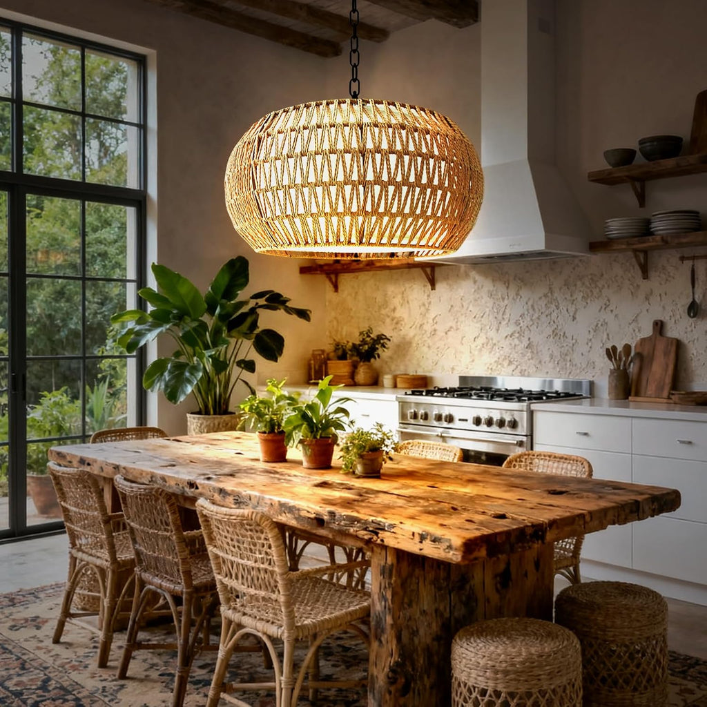 5-Lights Boho Rattan Chandelier for Dining Room, 19" Farmhouse Chandelier Light Fixtures with Fabric Shade, Large