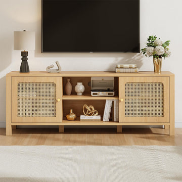 Rattan TV Stand with Adjustable Shelf and Open Shelves, Natural Oak
