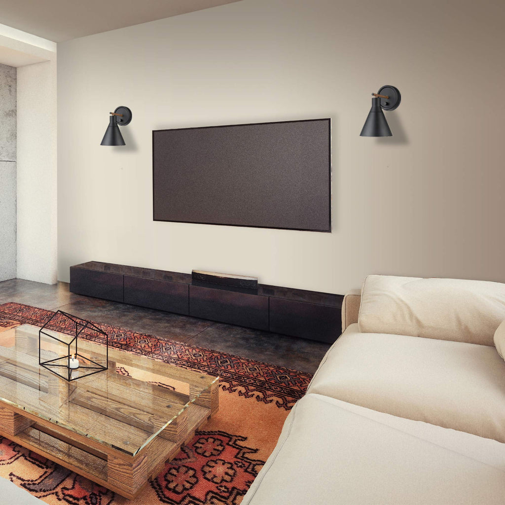 Dimmable Plug-in or Hardwire Wall Sconce, Matte Black, Faux Walnut Accent, Stepless Dimming Rotary Switch on