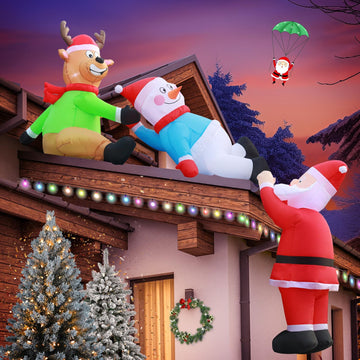 8FT Christmas Inflatables Roof Outdoor Decorations, Climbing Santas with Reindeer and Snowman, LED Lights Holiday