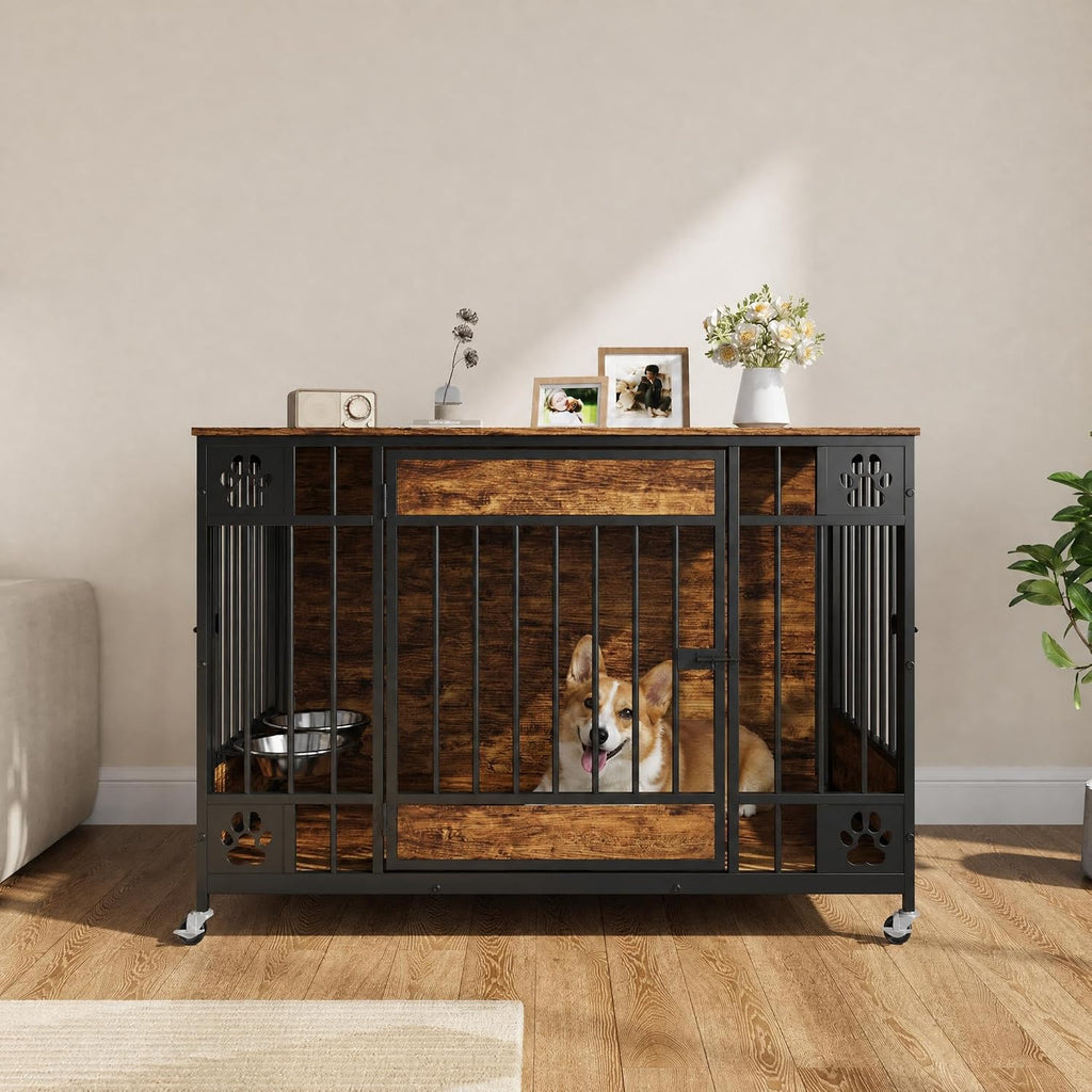 Dog Crate Furniture, Indoor Dog Kennel with Triple Doors, Brown
