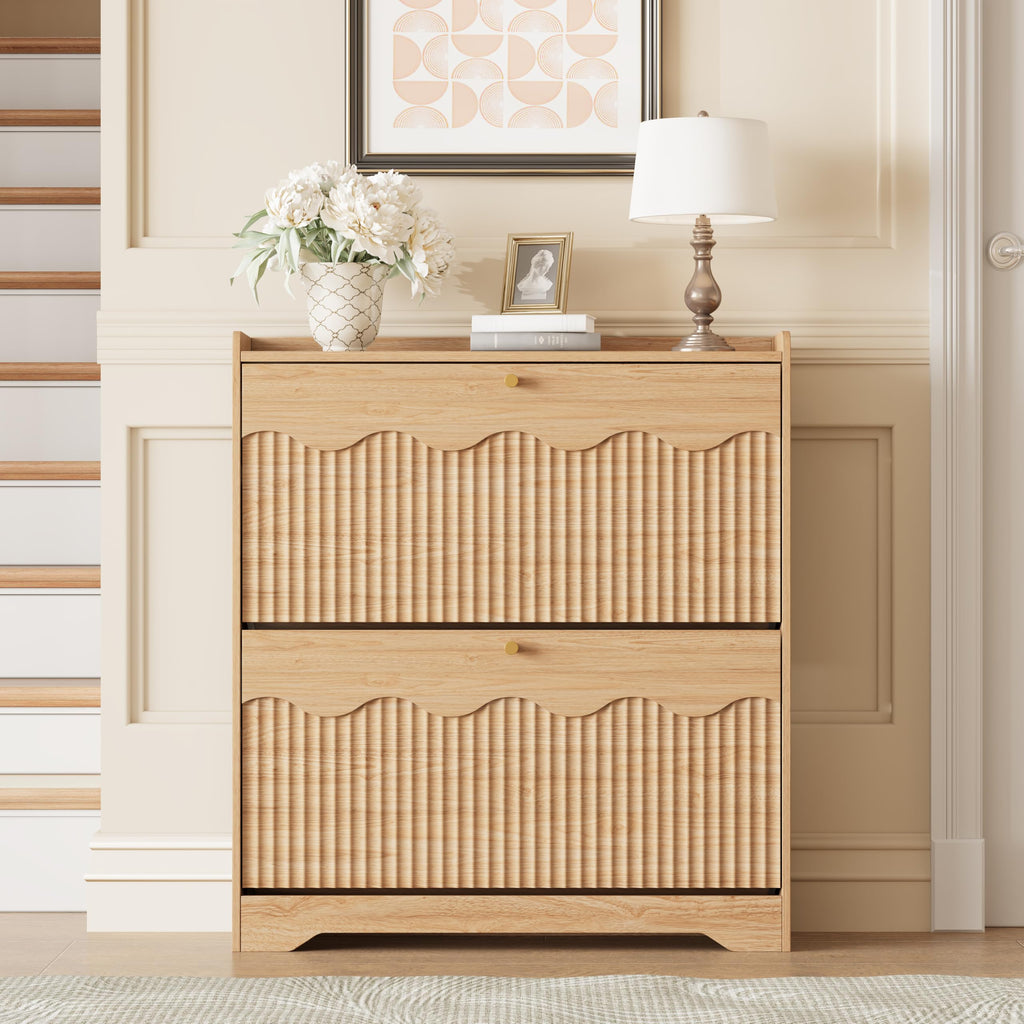 Shoe Storage Cabinet with 2 Flip Drawers and Modern Wave-Edge Fluted Panels, Slim Shoe Rack, Freestanding Narrow