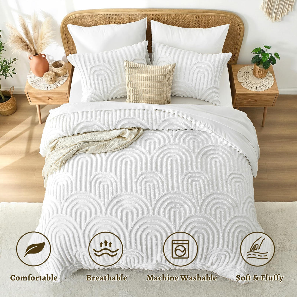 Boho Tufted Comforter Set, 7 Pieces White Bedding Sets