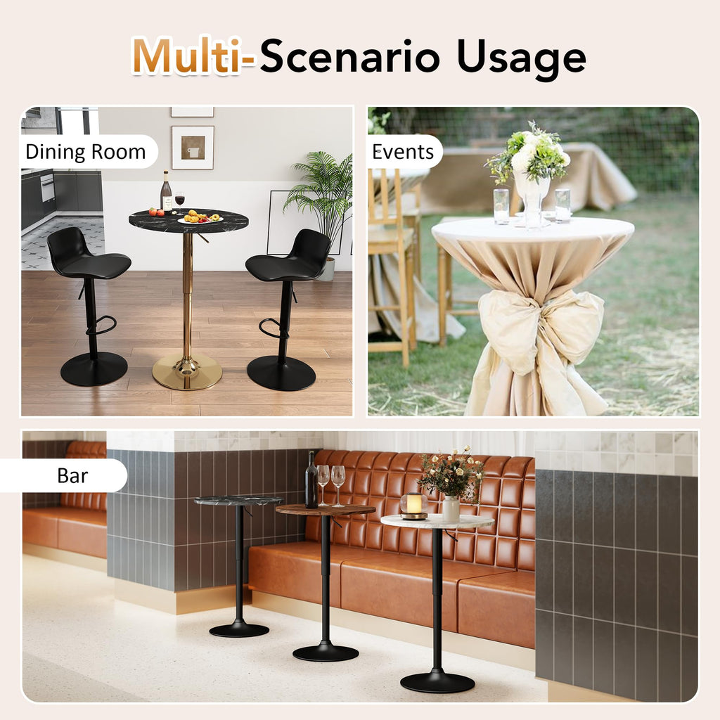 Round Pub Table, Height Adjustable Bar Table with 360 Swivel Top, Cocktail Table with Black Metal Base for Bar
