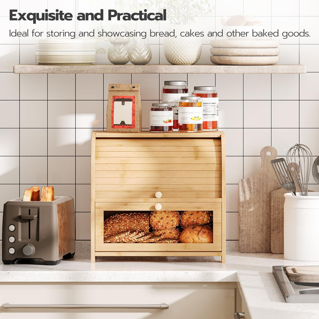 Bamboo Countertop, 2 Tier Roll-Top Bread Bin, Food Storage Box, Large Capacity Keeper, Wooden Storage Cabinet