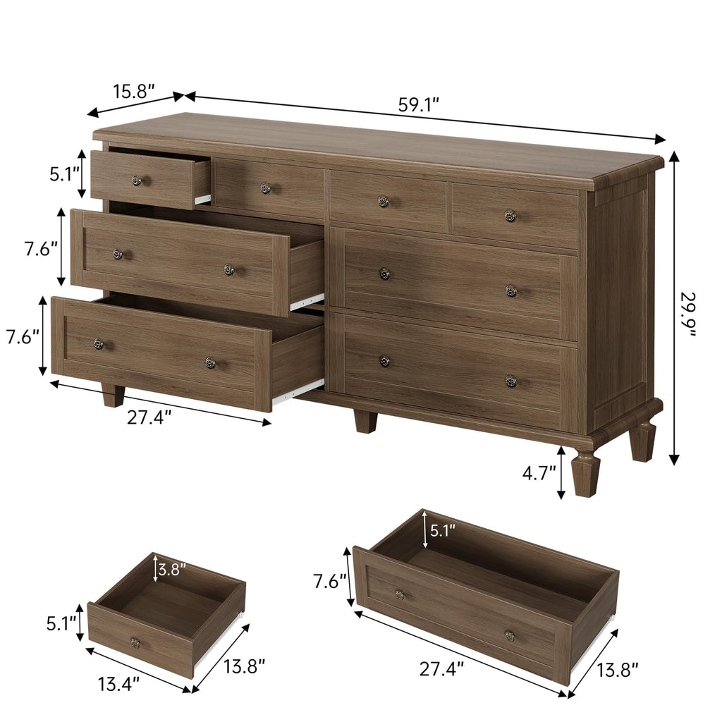 8 Drawer, Vintage 59" Long TV Stand with Carved Handles and Tapered Legs, Wood Chests of Drawers with Large
