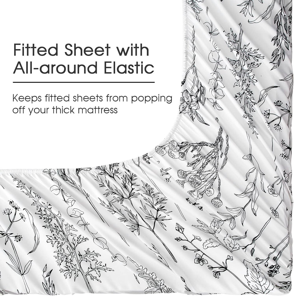 Floral Sheets Queen,18 inches Deep Pocket Sheets, 1800 Thread Count Black and White Leaf Floral Bed Sheets Soft