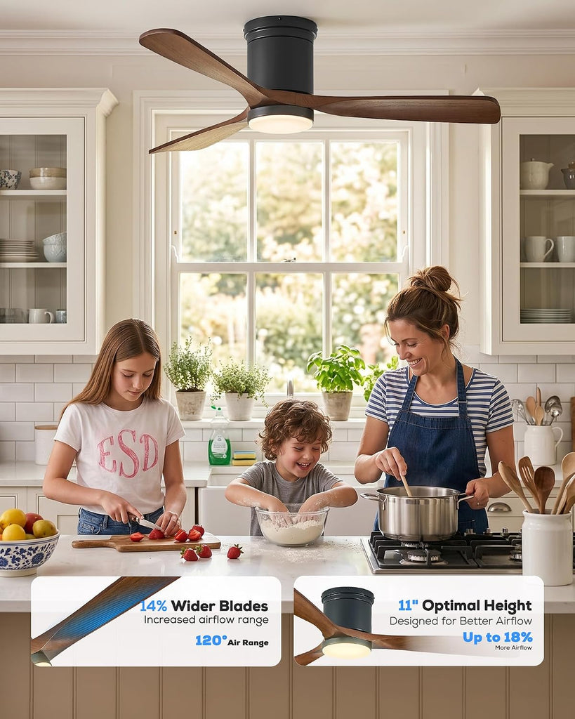 52 Inch Smart Flush Mount Ceiling Fan with Light, Low Profile Ceiling Fan with 3 Solid Wood Walnut Blades, Dimmable LED, Ultra Quiet DC Motor, Alexa & Remote Control, Indoor Outdoor, Walnut