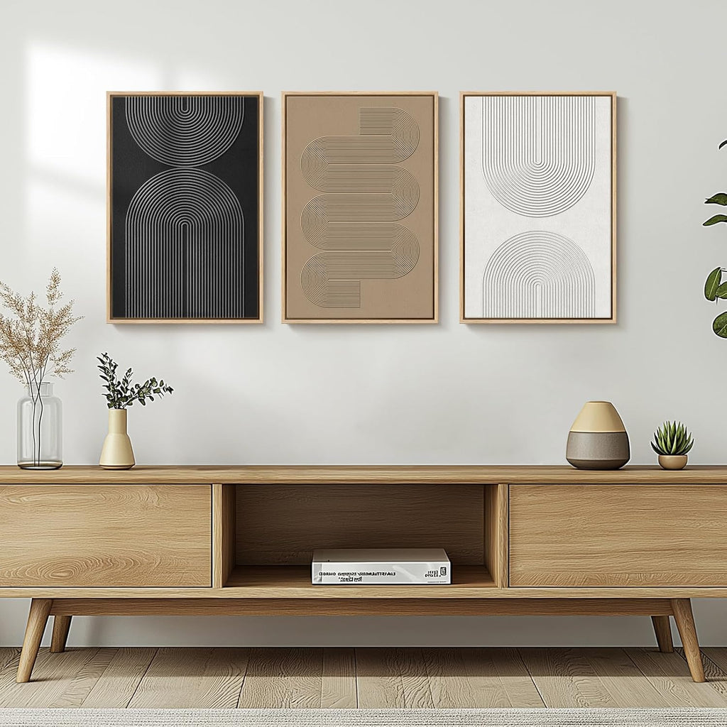 Framed Black and White Brown Abstract Wall Art, 3 Piece Boho Geometric Canvas Prints Paintings Artwork for Walls