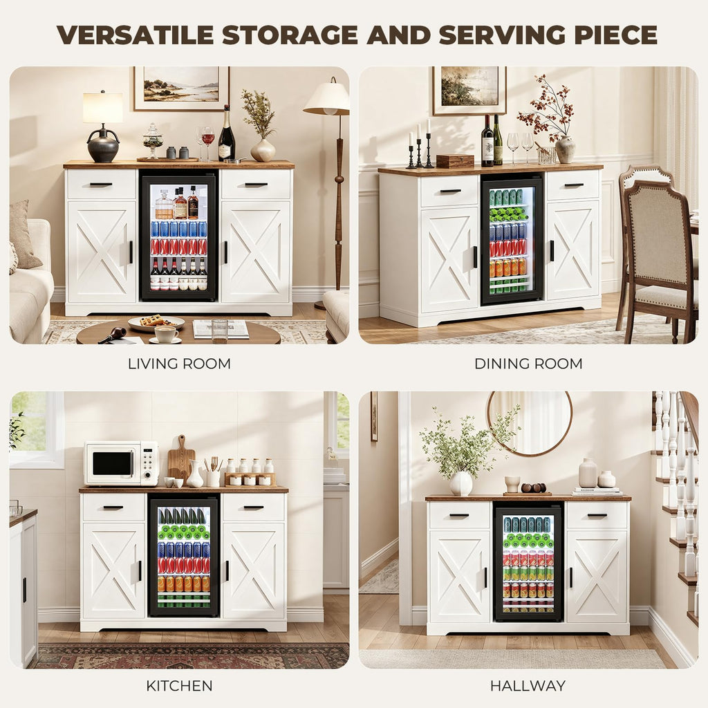 47" Farmhouse Coffee Bar Cabinet with Fridge Included, White