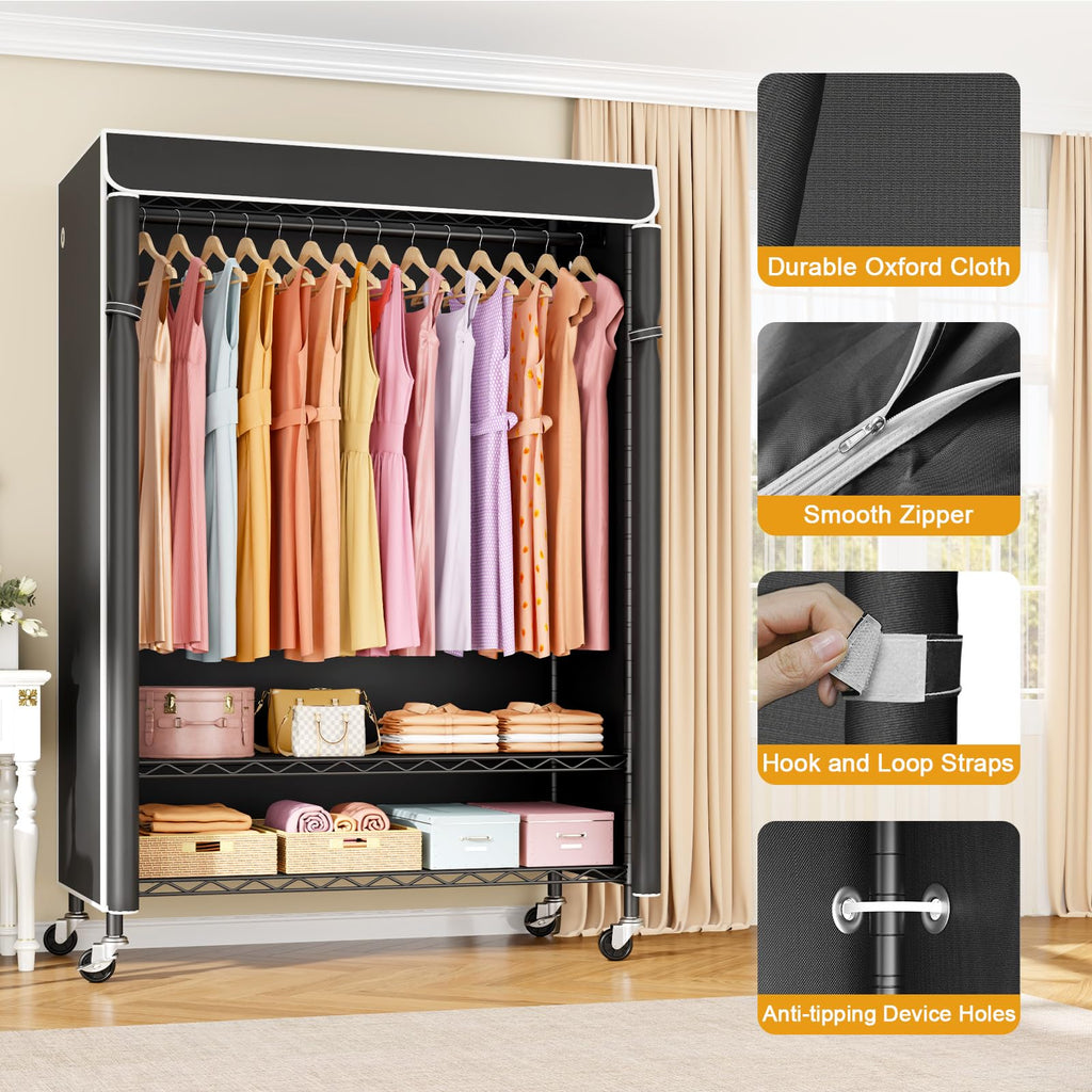 P6C Plus Rolling Clothes Rack with Cover, Covered Clothing Rack