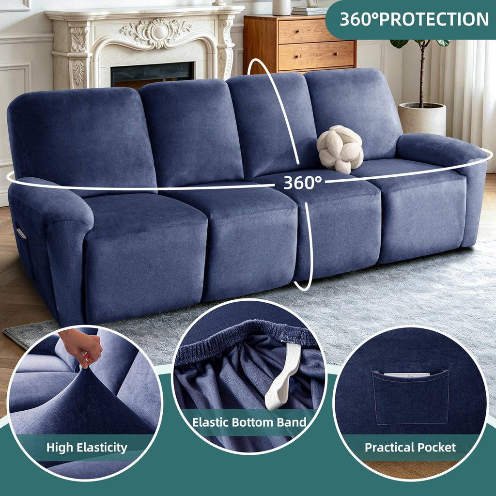 Waterproof Recliner Couch Covers 10-Pieces Velvet Stretch Sofa Covers for 4 Cushion Couch Reclining Slipcover