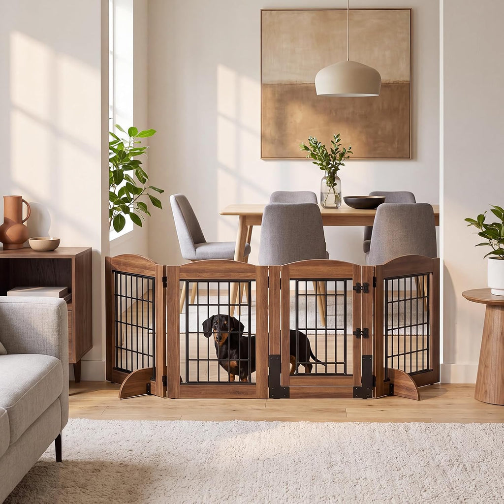 4 Panels Dog Gate Indoor with Door, 24.8'' Tall Freestanding Pet Gate with 2 Support Feet, Foldable Dog Fence