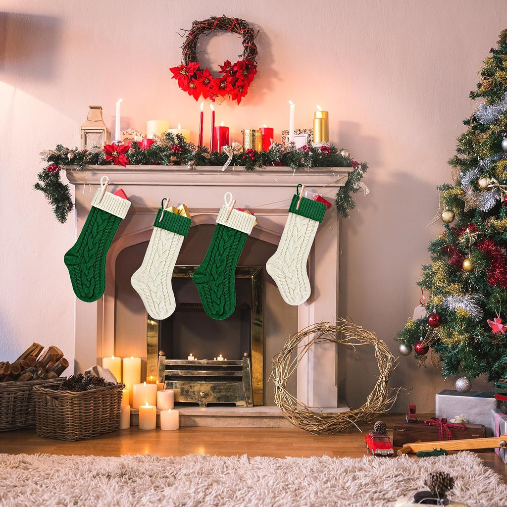 18" , 18inch Large Cable Knitted Xmas Hanging Stocking Decorations for Holiday Christmas Party Family Decor - Set of 2