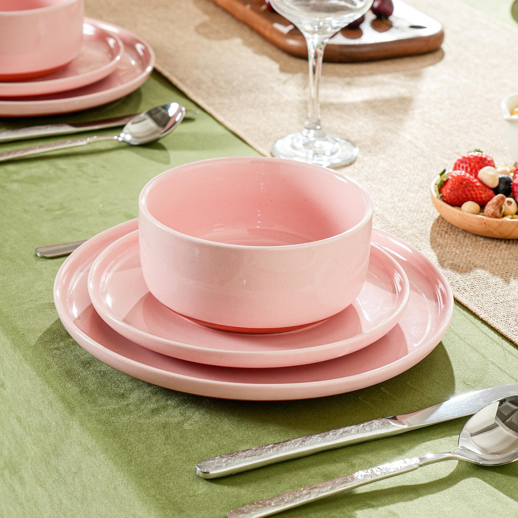 12 Piece Ceramic Plates and Bowls Sets for 4, Elegant Pink