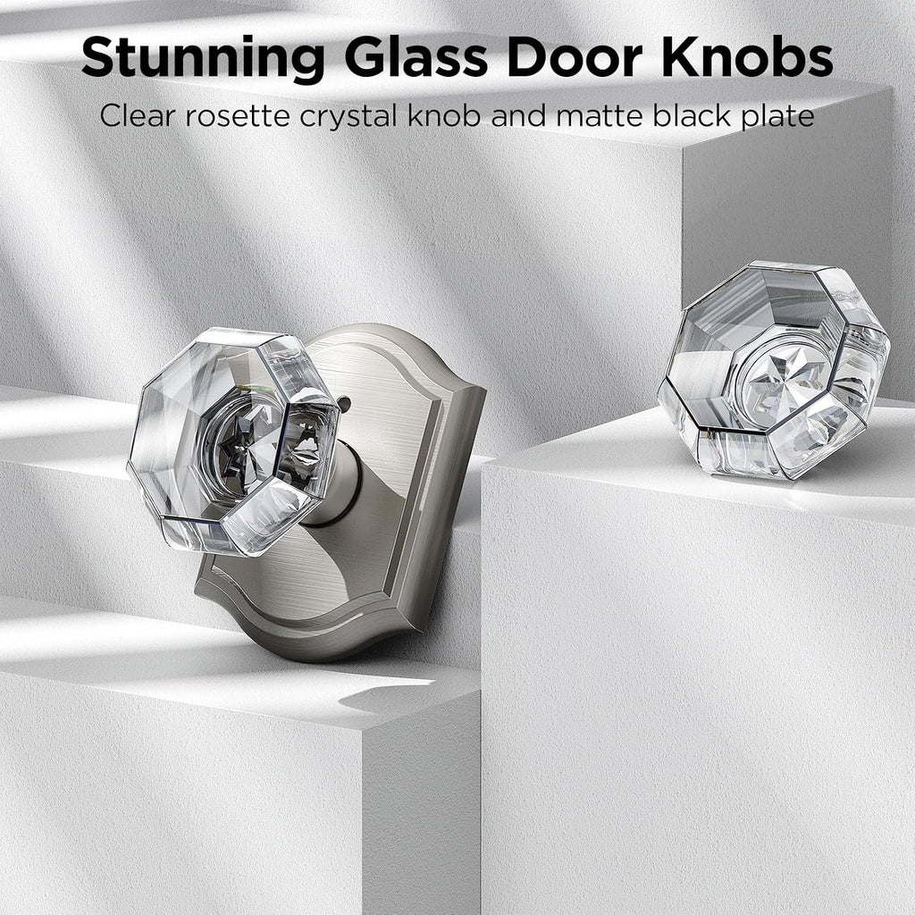 3 Pack Glass Door Knob, Octagon Shaped Crystal Door Knobs with Lock, Satin Nickel Door Knobs Interior Glass