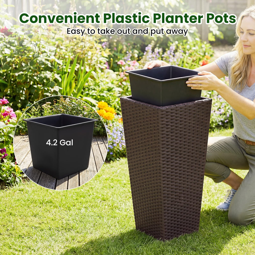 Tall Planters Set of 2, 24"H Tapered Rattan Planter, Brown