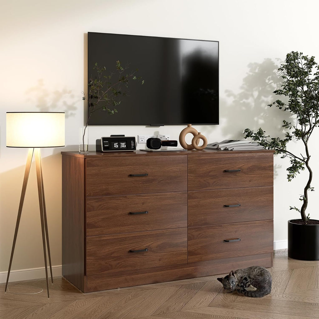 Wood Dresser , 6 Drawer Double Dresser, Mid Century Modern Chest of Drawers with Deep Drawers, Large Storage