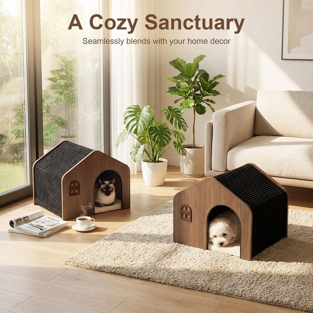 Wooden Indoor Cat House - E0 Grade Enclosed Cat Cave Bed