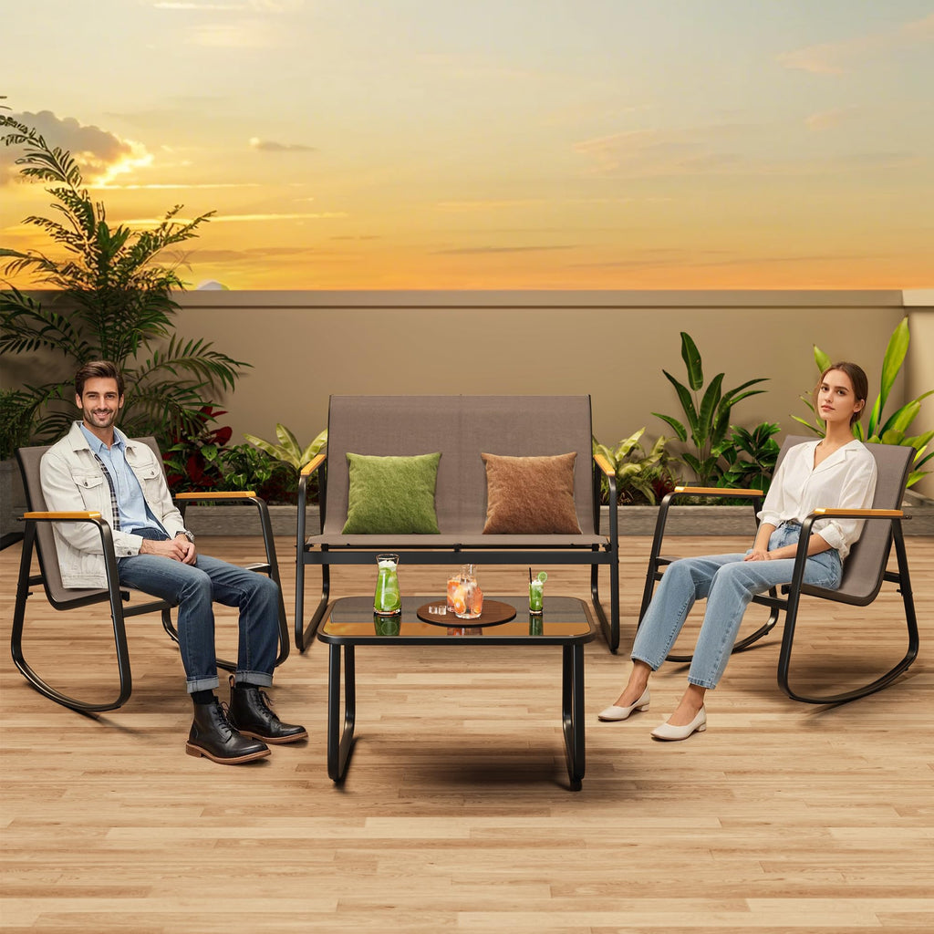 4-Piece Textilene Outdoor Patio Furniture Set Rocking Bistro, Tan