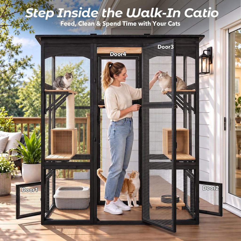 Walk-in Catio, Outdoor Wooden Cat Enclosure with Asphalt Roof