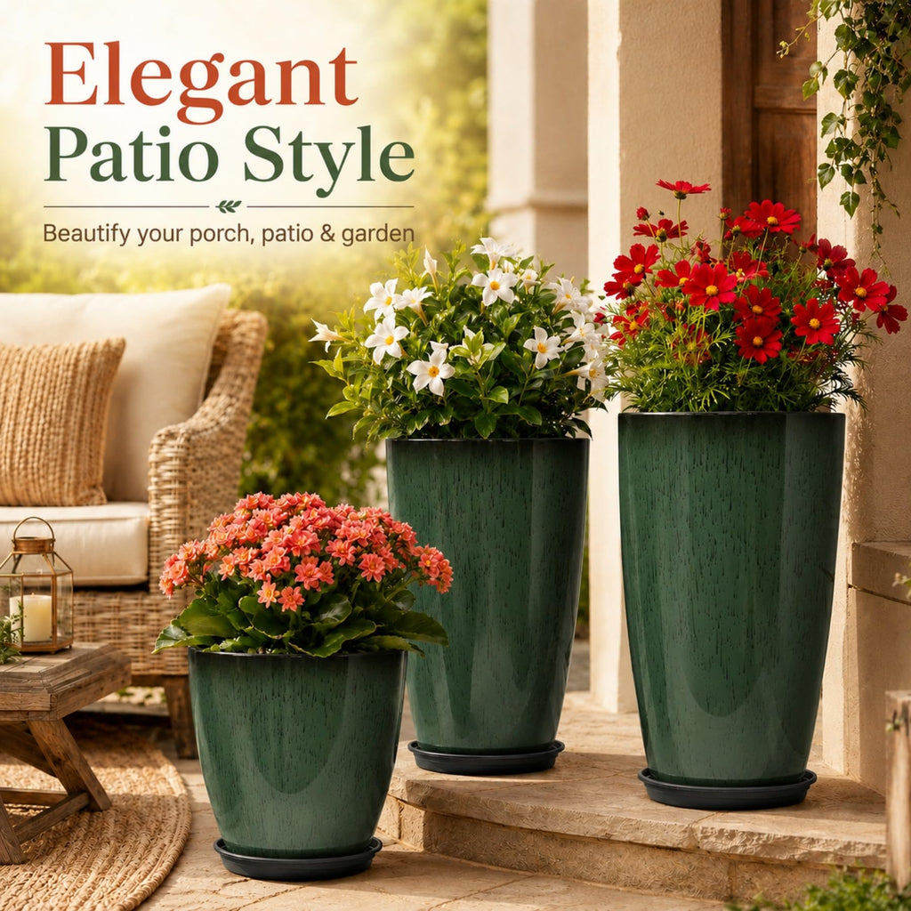 Set of 3 Tall Planter, 24/21/12in Large Plastic Planter, DarkGreen