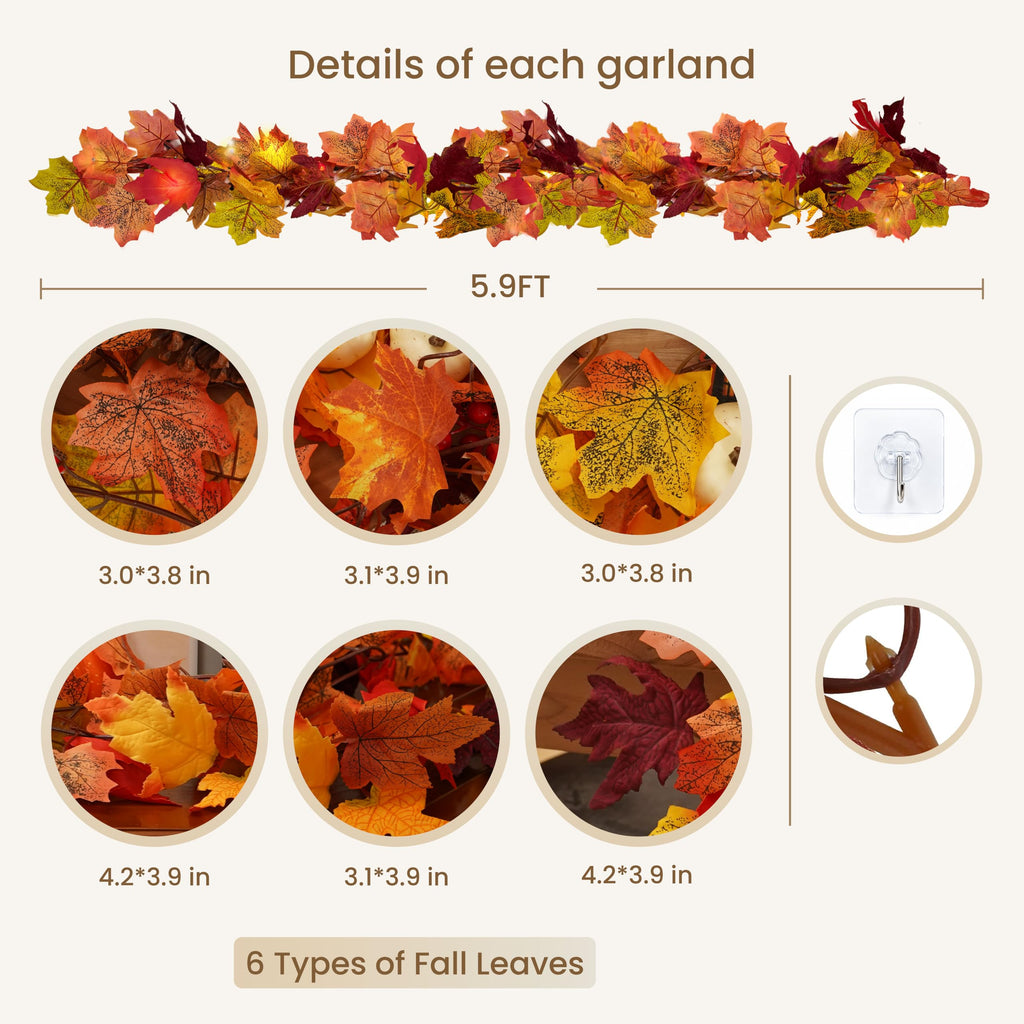 9 Pack Fall Leaf Garland, Total 53.1Ft Artificial Fall Vines Autumn Garland Fall Maple Leaves Thanksgiving Decor