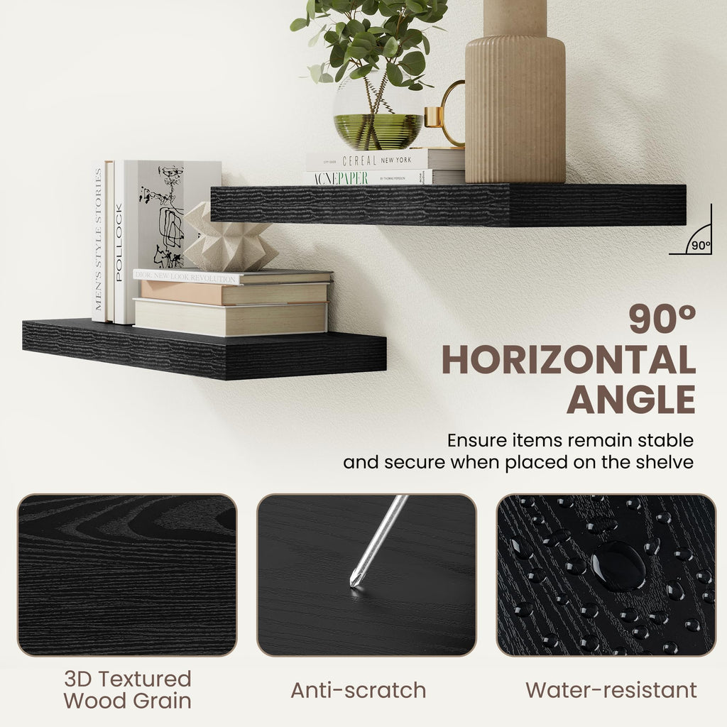 Floating Shelves for Wall, 18 Inch Black Wall Shelves Set of 2, 9.3" Deep Floating Shelf with Invisible Bracket, Wall