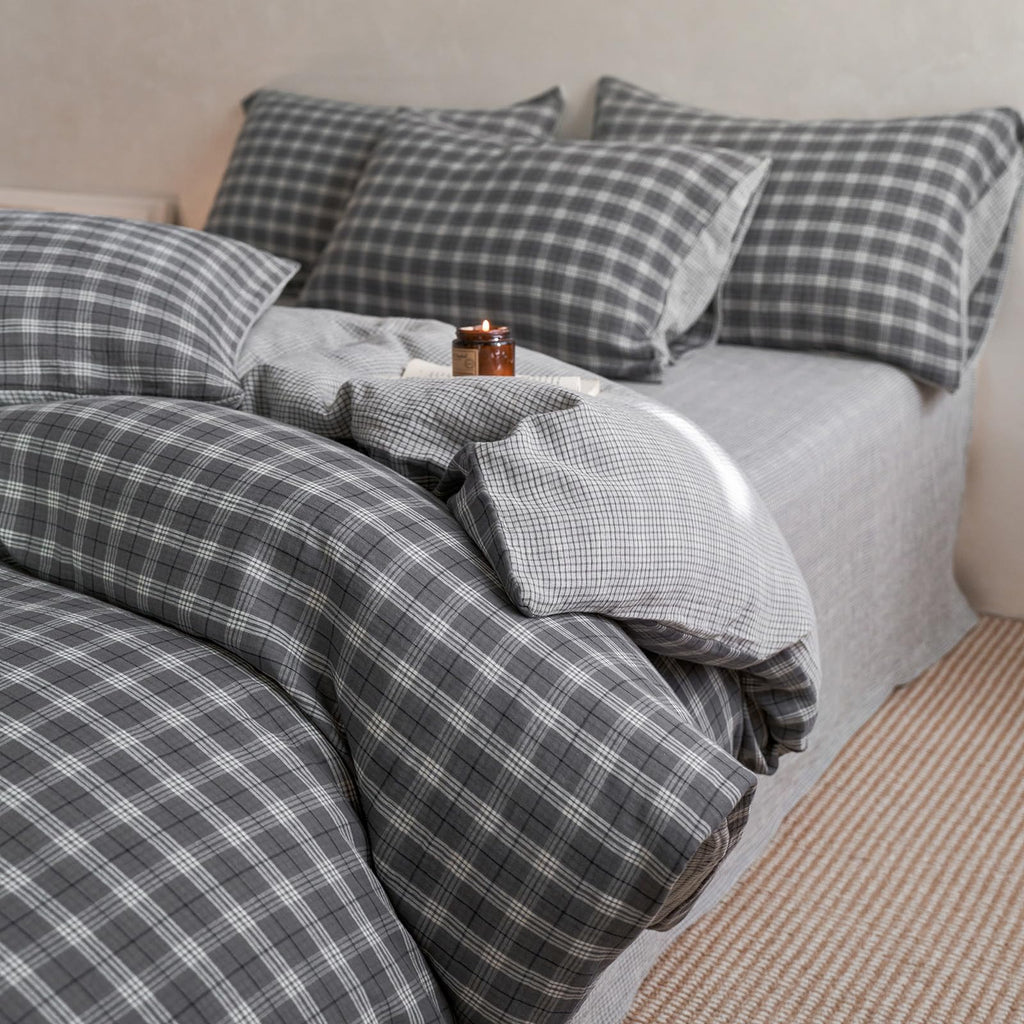 Vintage Grey Plaid Duvet Cover Gingham Bedding Set Full 100% Cotton Muslin Retro Plaid Checkered Comforter Cover Soft