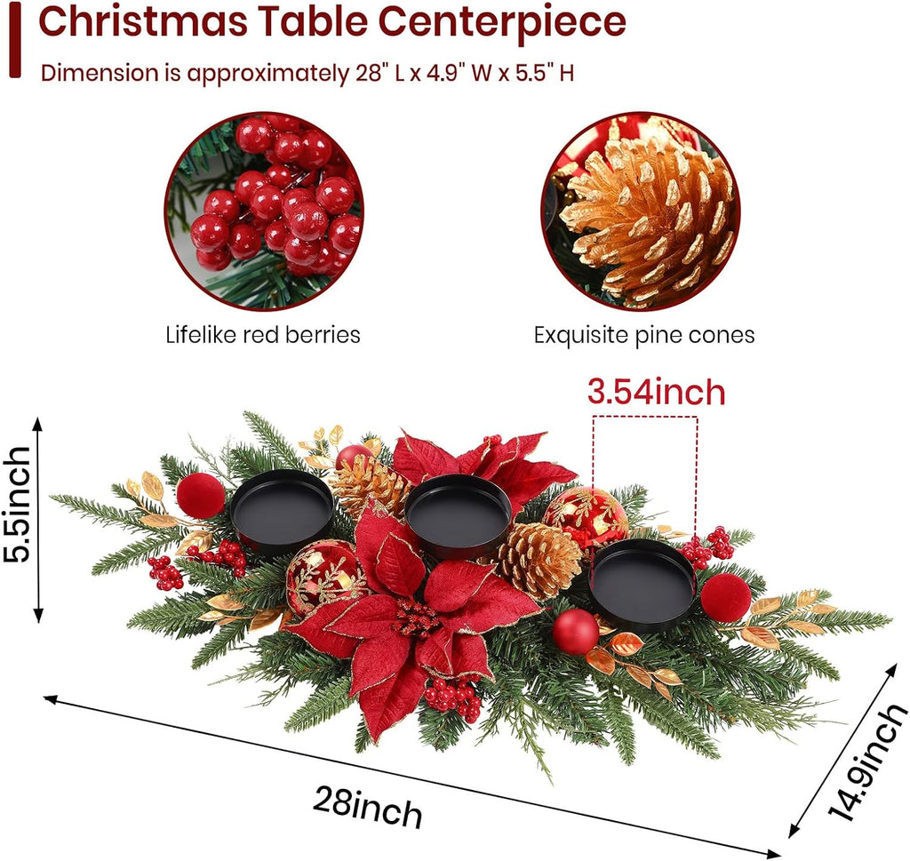 28" Red Gold Christmas Centerpiece with 3 Candle Trays,1 Pcs
