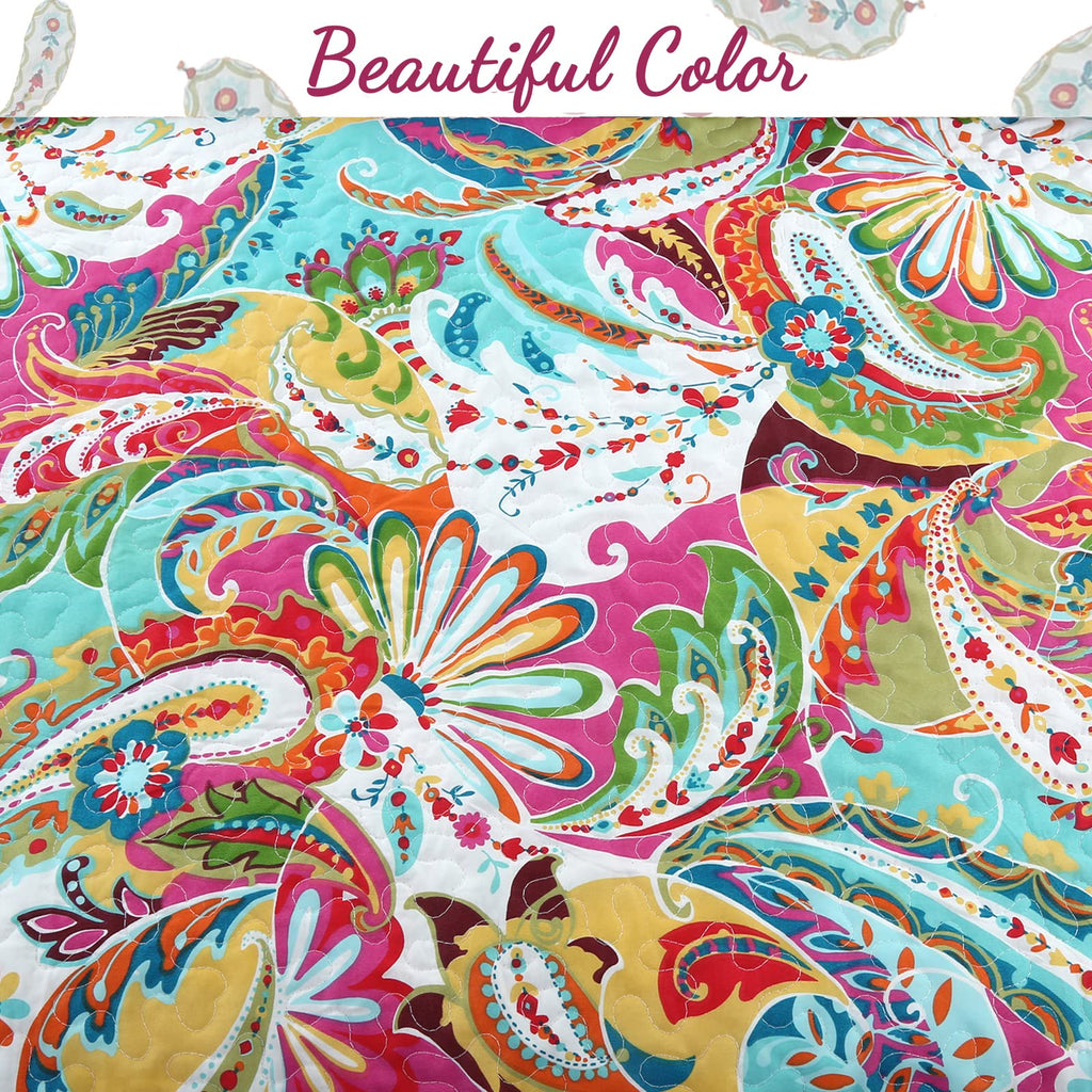 Gorgeous Paisley Floral Bloom Reversible Quilt Bedding Set, Bedspread Coverlet Lightweight for All Seasons (Flourish