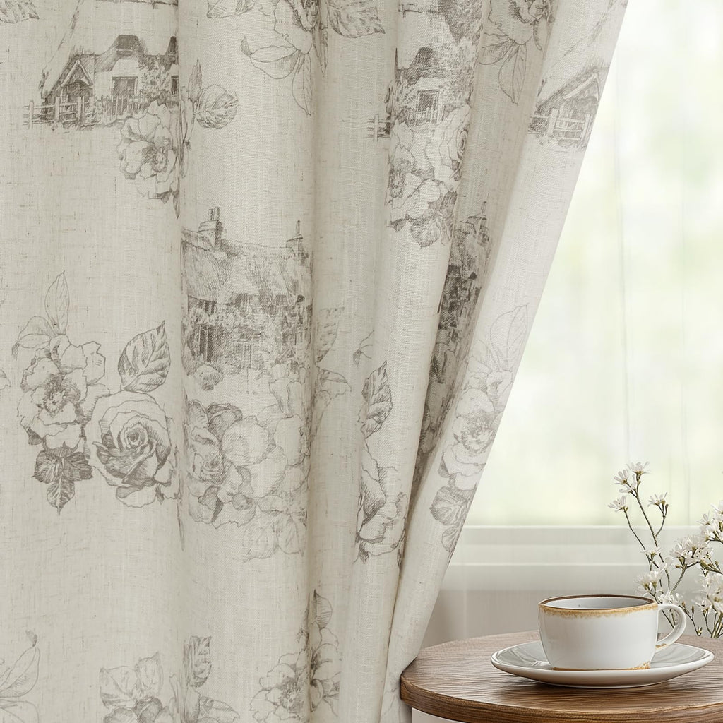 84 Inches Grey Floral Linen Textured Curtains