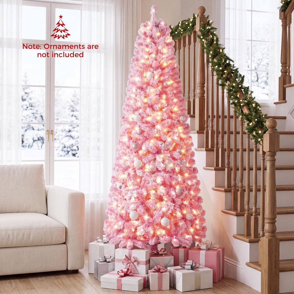 7ft Pink Pre-Lit Flocked Christmas Trees, Hinged