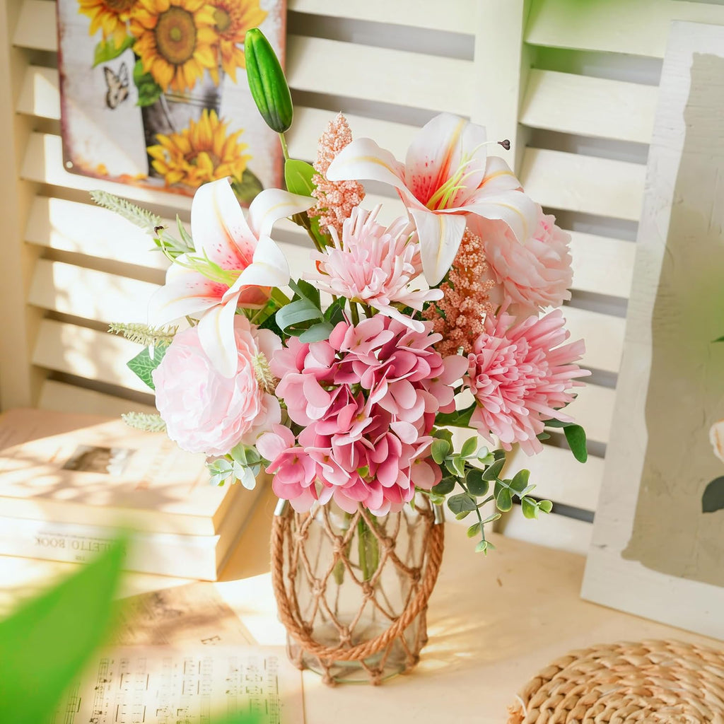 Fake Flowers with Vase -Hydrangea & Lily Artificial Floral Arrangement