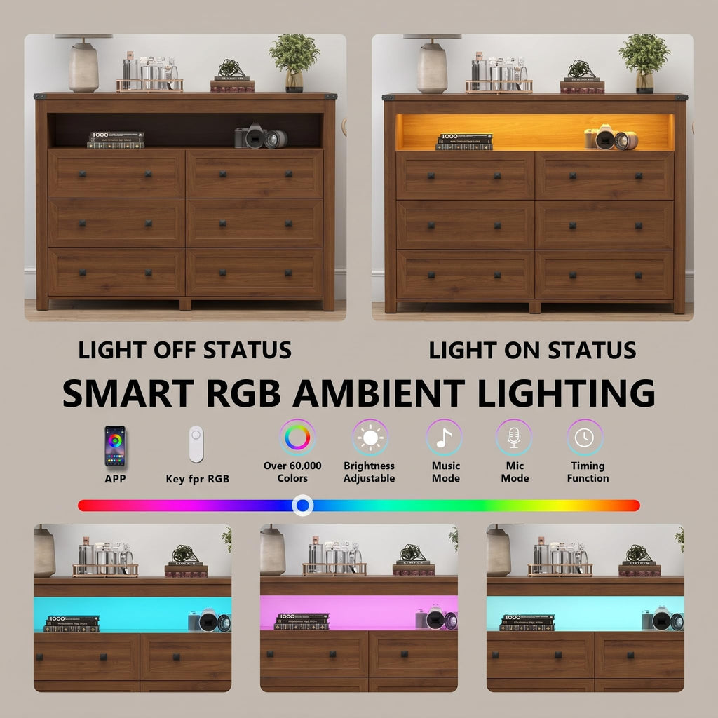 Dresser with 6 Drawers, LED Lights, Power Outlet, Walnut