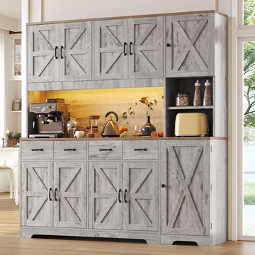 71" Tall Kitchen Pantry with LED Lights & Charging Station, Farmhouse Storage Cabinet with 4 Drawers & 6 Cabinets