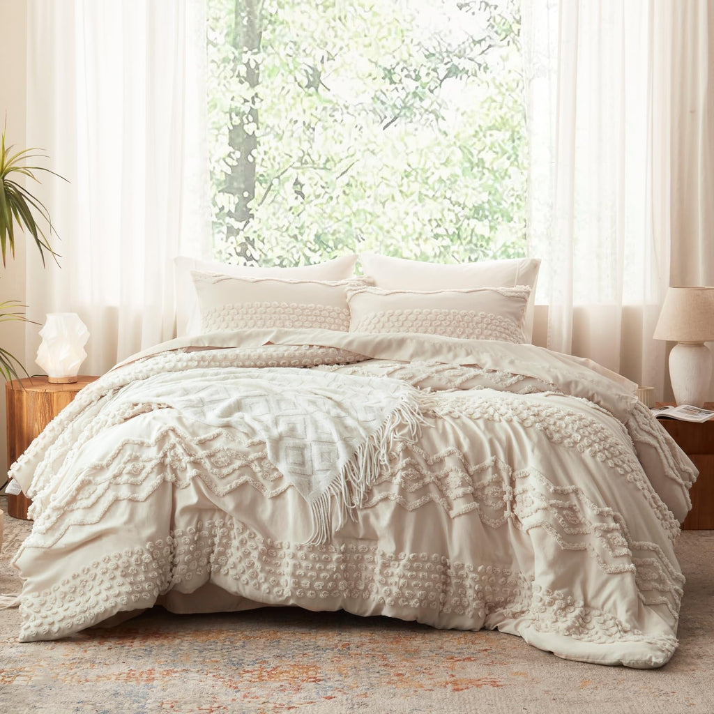 Beige Tufted Comforter Set, 3 Pieces Full Size Boho Bedding Set