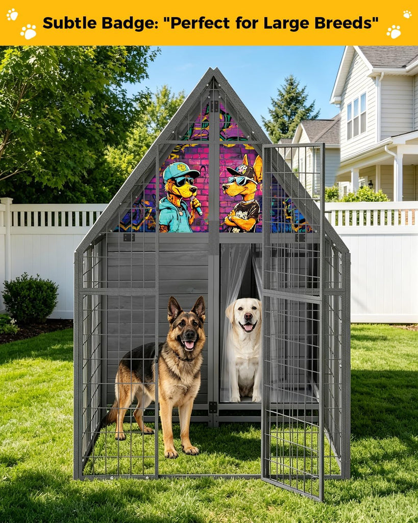 87" Heavy Duty Metal Dog Run Enclosure, with Waterproof Roof Wooden Dog House