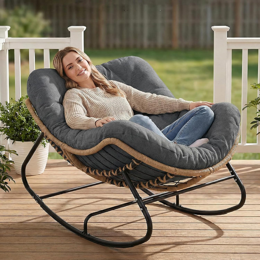 Papasan Rocking Chair Outdoor, Oversized Patio Egg Chair with Thick Cushion, Indoor Wicker Lounge Rocker Bed for