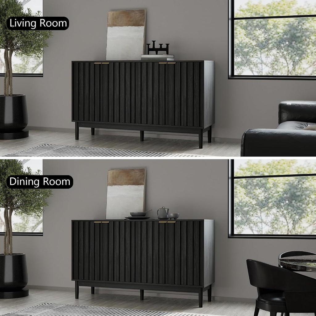 55" Fluted Buffet Cabinet with Storage, Accent Cabinet, Black | Wooden Sideboard with Adjustable Shelves, Accent