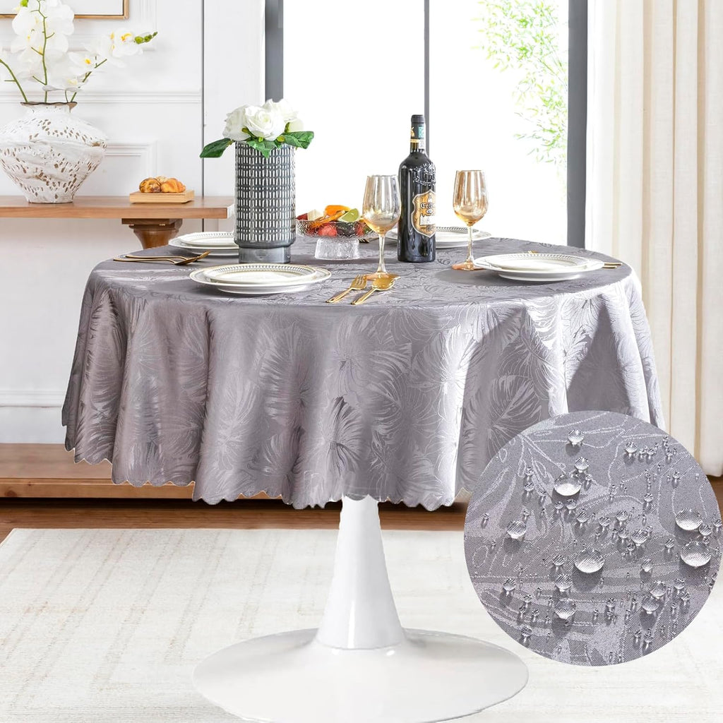 Jacquard Round Tablecloth 60 Inch Grey Table cloth Leaves Pattern Scalloped Edge Silky Soft Waterpro