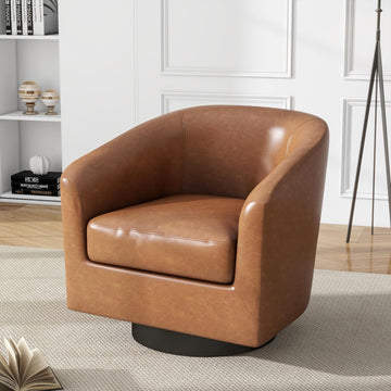 Swivel Accent Chair, PU Leather Upholstered Barrel Club Chair, Brown