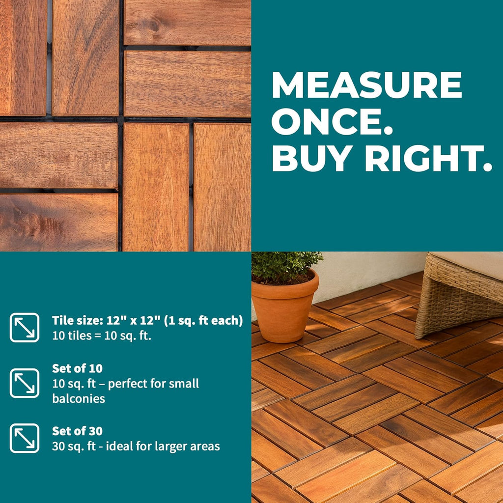 Bliss Outdoors Hardwood 12-Slat Interlocking Deck Tiles, Acacia Wooden Waterproof Patio Flooring for Balcony Indoor and