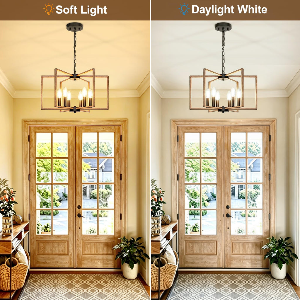 6 Light Rustic Chandelier, Dining Room Light Fixture, Brushed Rustic Wood